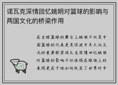 诺瓦克深情回忆姚明对篮球的影响与两国文化的桥梁作用